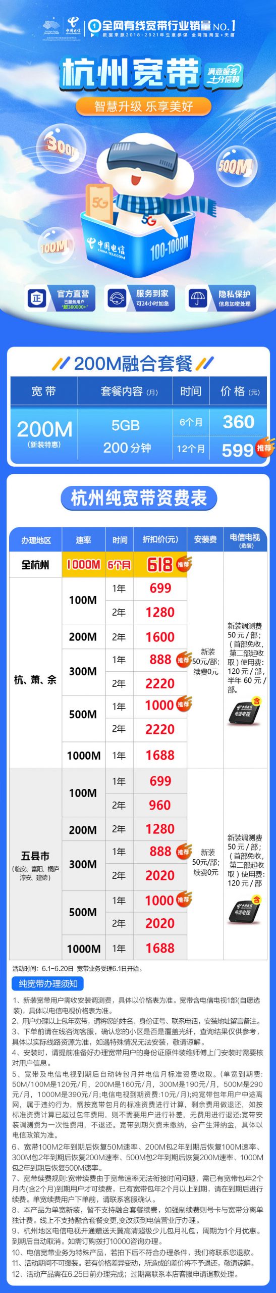 杭州电信报装200M宽带599元一年（办理包年送手机卡）图1